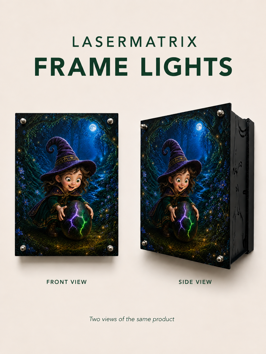 Front and side views of the same Moonlit Hatchling frame light. Assembled appearance; DIY kit.