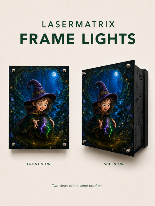 Front and side views of the same Moonlit Hatchling frame light. Assembled appearance; DIY kit.