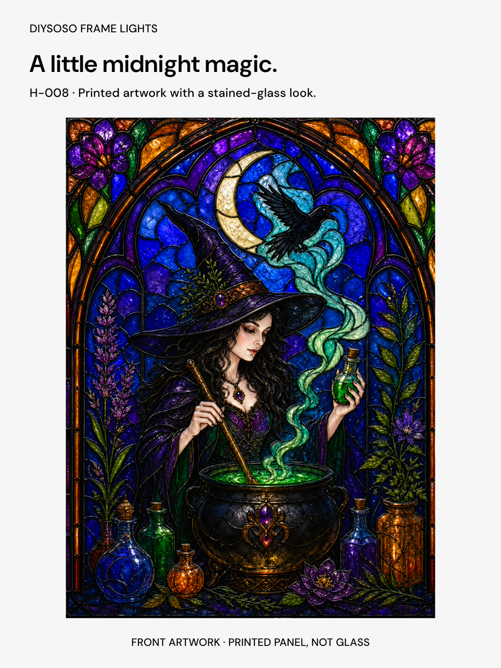 DIYSOSO FRAME LIGHTS H-008 — witch-eagle-front-art. Printed witch front artwork with eagle projection.