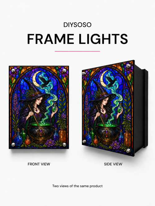 DIYSOSO FRAME LIGHTS H-008 — witch-eagle-front-side. Printed witch front artwork with eagle projection.