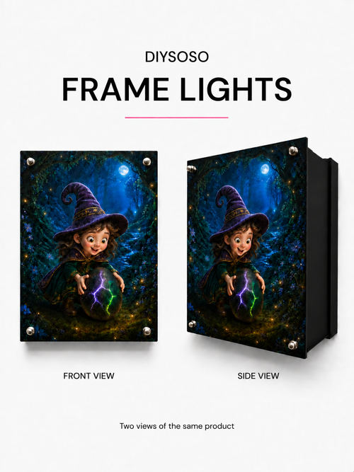 DIYSOSO FRAME LIGHTS. Projection panels shown as solid black silhouettes; cutout patterns are intentionally omitted. Actual projection follows the selected design.
