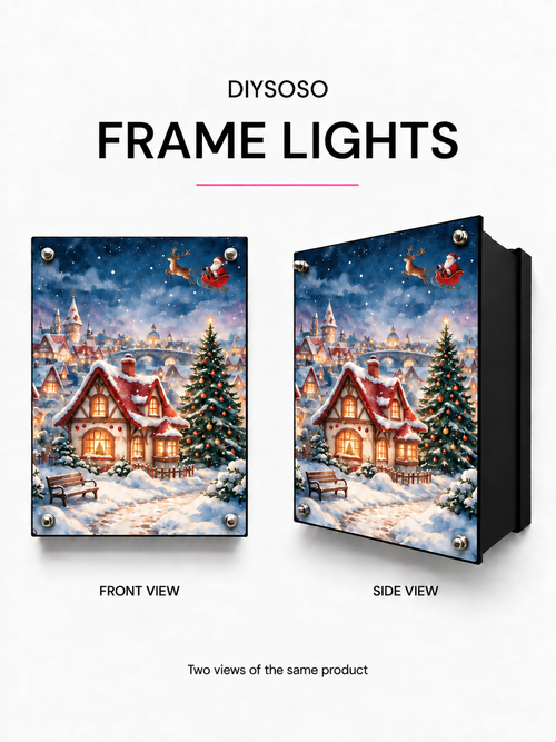 DIYSOSO FRAME LIGHTS. Projection panels shown as solid black silhouettes; cutout patterns are intentionally omitted. Actual projection follows the selected design.