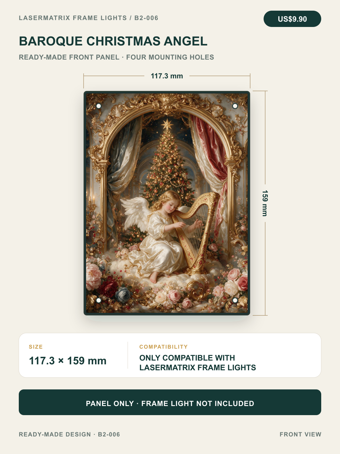 Baroque Christmas Angel ready-made front panel, 117.3 x 159 mm with four mounting holes; panel only, for DIYSOSO Frame Lights.