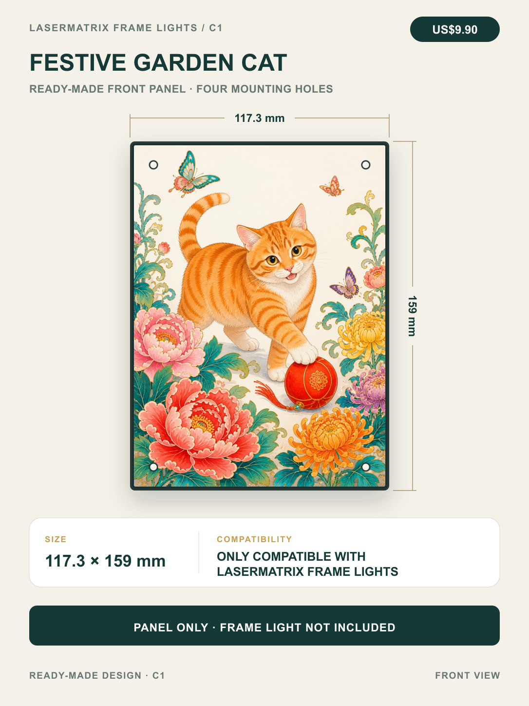 Festive Garden Cat ready-made front panel, 117.3 x 159 mm with four mounting holes; panel only, for DIYSOSO Frame Lights.