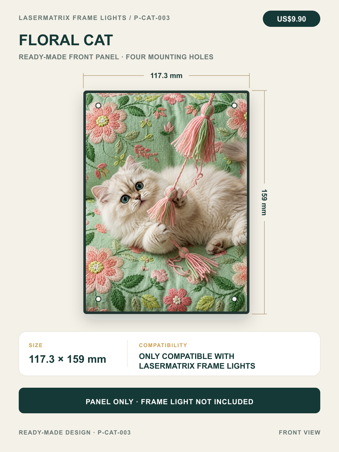 Floral Cat ready-made front panel, 117.3 x 159 mm with four mounting holes; panel only, for DIYSOSO Frame Lights.