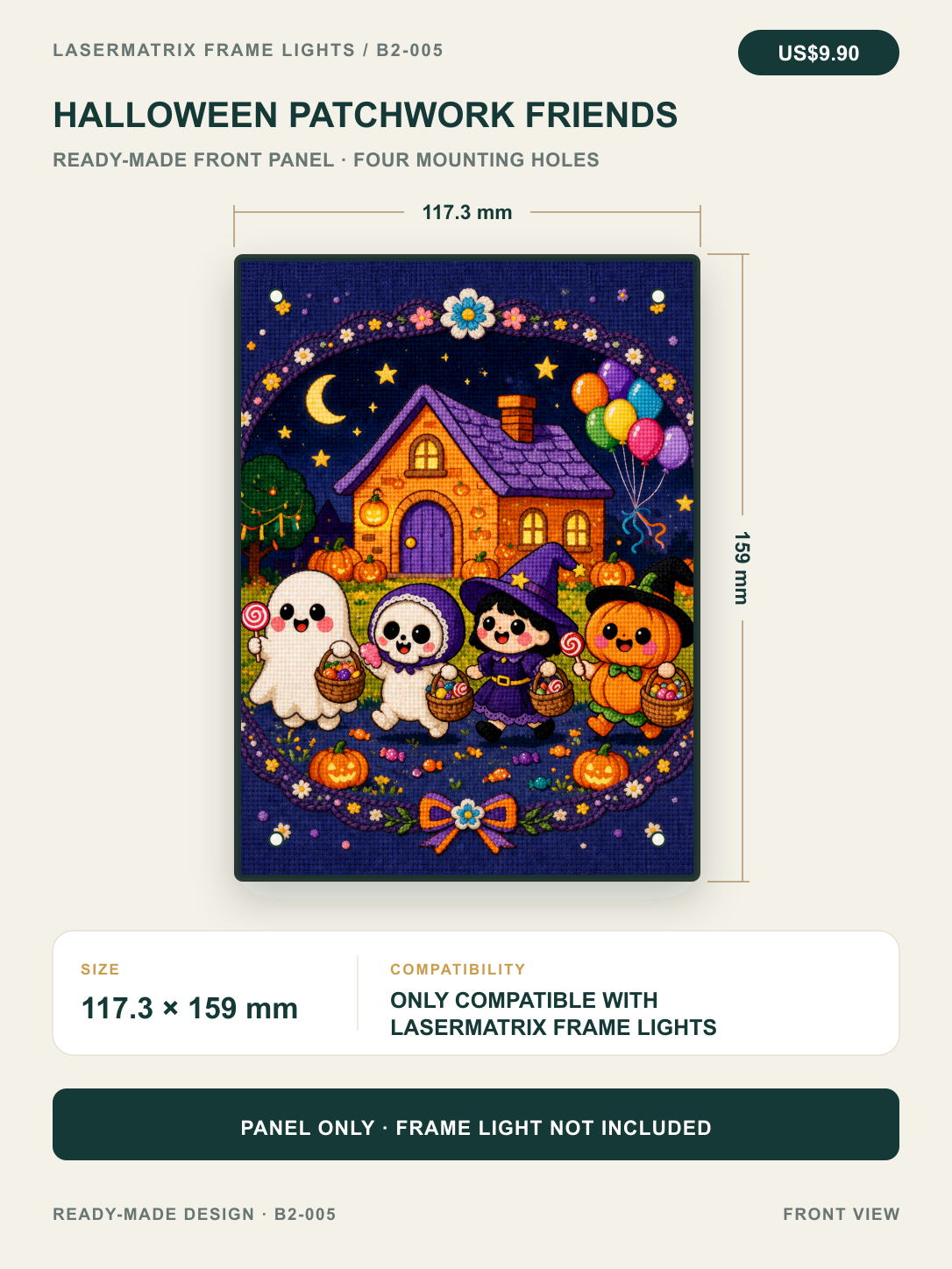 Halloween Patchwork Friends ready-made front panel, 117.3 x 159 mm with four mounting holes; panel only, for DIYSOSO Frame Lights.