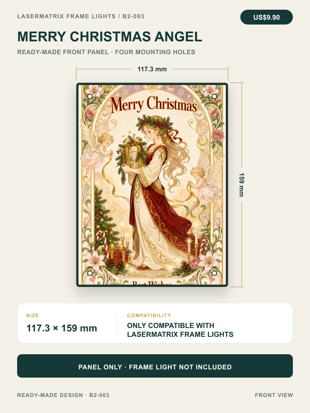 Merry Christmas Angel ready-made front panel, 117.3 x 159 mm with four mounting holes; panel only, for DIYSOSO Frame Lights.