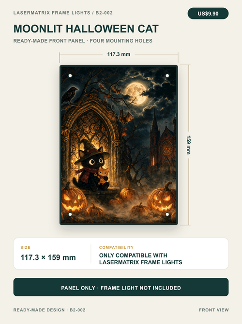 Moonlit Halloween Cat ready-made front panel, 117.3 x 159 mm with four mounting holes; panel only, for LaserMatrix Frame Lights.