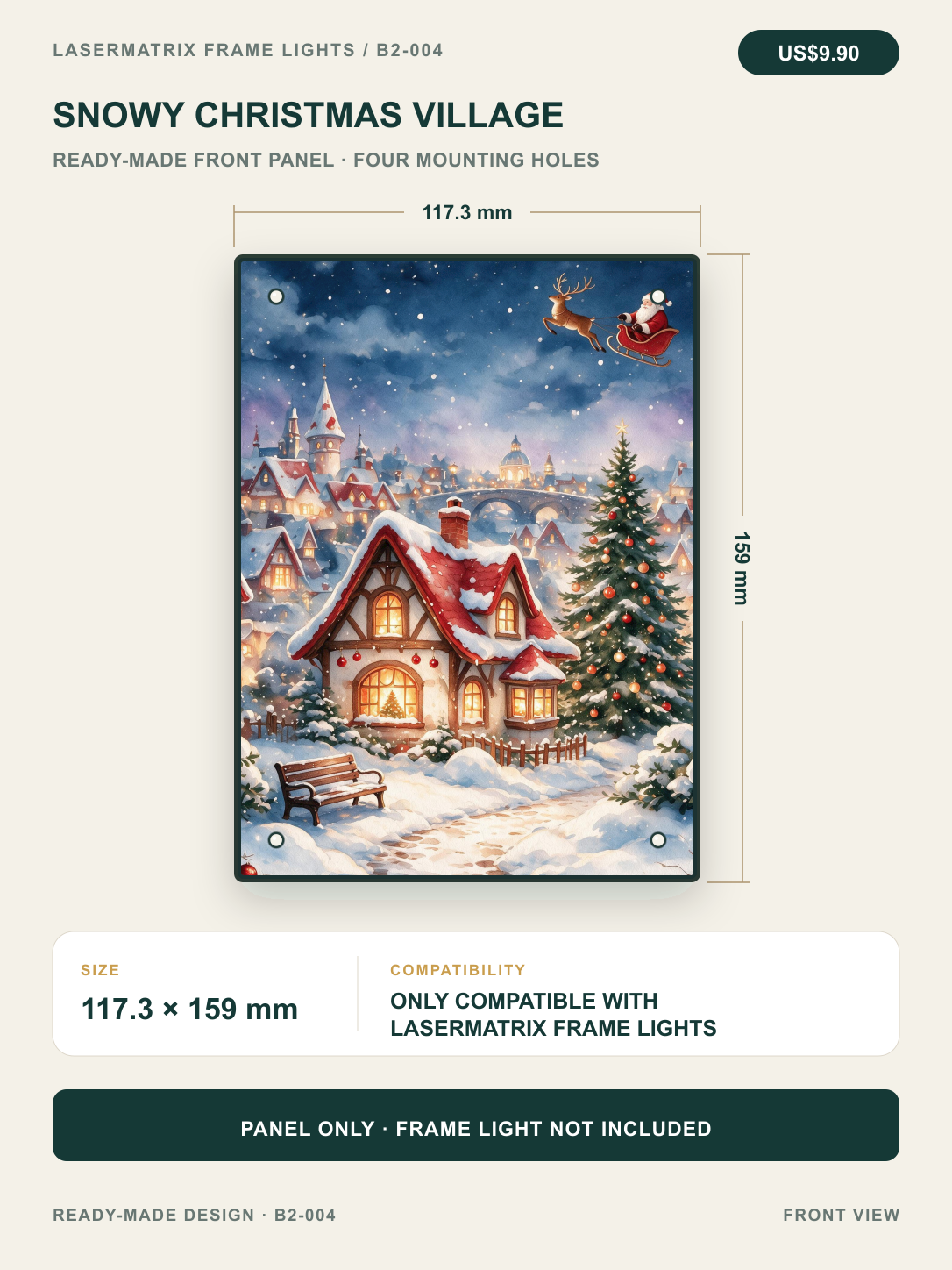 Snowy Christmas Village ready-made front panel, 117.3 x 159 mm with four mounting holes; panel only, for DIYSOSO Frame Lights.
